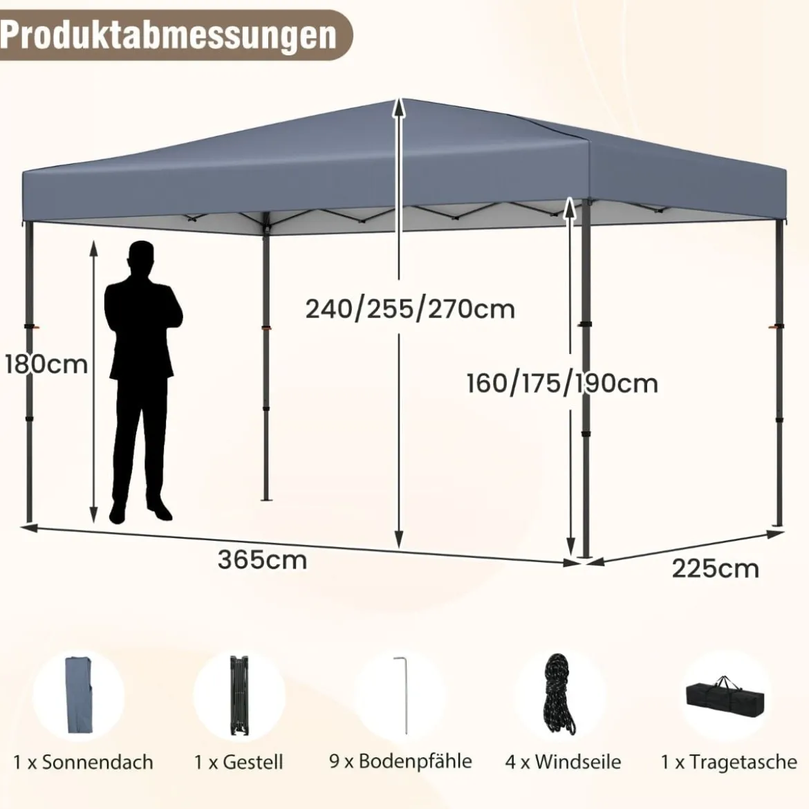 365 x 225 cm Pop-up-Pavillon mit tragbarer Tragetasche 9 Heringe 4 Windseile faltbarer Outdoor-Sonnenschutz Pavillon Grau