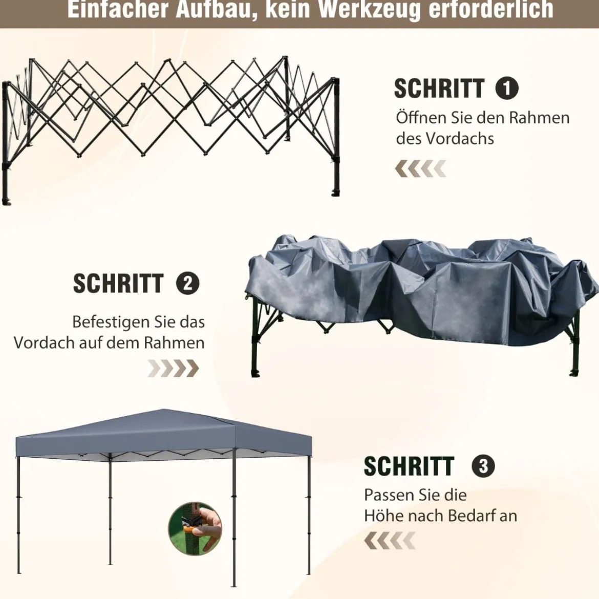 365 x 225 cm Pop-up-Pavillon mit tragbarer Tragetasche 9 Heringe 4 Windseile faltbarer Outdoor-Sonnenschutz Pavillon Grau