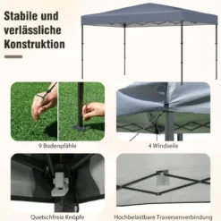 365 x 225 cm Pop-up-Pavillon mit tragbarer Tragetasche 9 Heringe 4 Windseile faltbarer Outdoor-Sonnenschutz Pavillon Grau