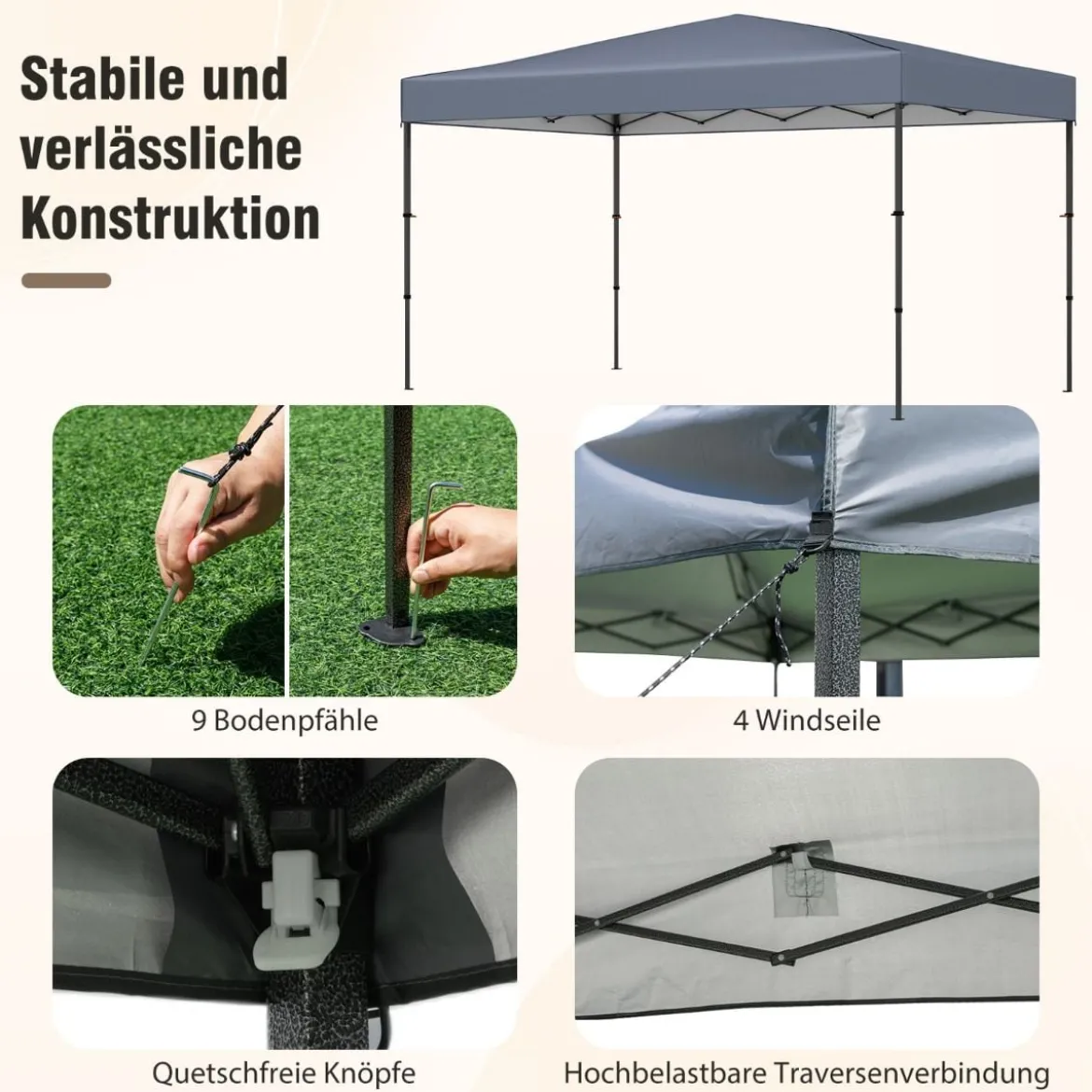 365 x 225 cm Pop-up-Pavillon mit tragbarer Tragetasche 9 Heringe 4 Windseile faltbarer Outdoor-Sonnenschutz Pavillon Grau