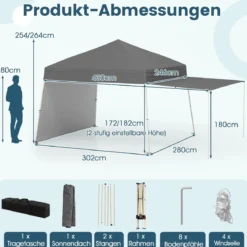430 x 280cm Pop-up Pavillon mit 2 umwandelbaren Seitenwänden zu Markise Campingzelt Partzzelt Grau