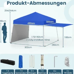 430 x 280cm Pop-up Pavillon mit 2 Umwandelbaren Seitenwänden zu Markise Blau