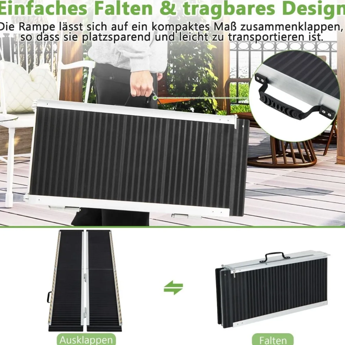 152,5 x 74 cm Rollstuhlrampe Tragbare & Anti-Rutsch Klapprampe bis zu 272kg Belastbar Aluminium
