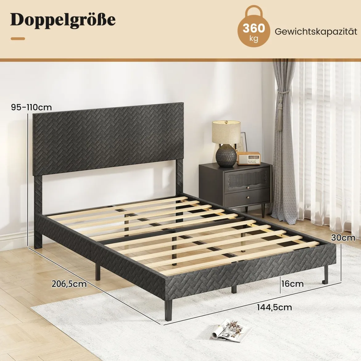 140 x 200 cm Samt-Bettgestell mit Höhenverstellbarem Chevron-Kopfteil Gepolsterte Bettrahmen Grau