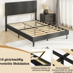 140 x 200 cm Samt-Bettgestell mit Höhenverstellbarem Chevron-Kopfteil Gepolsterte Bettrahmen Grau
