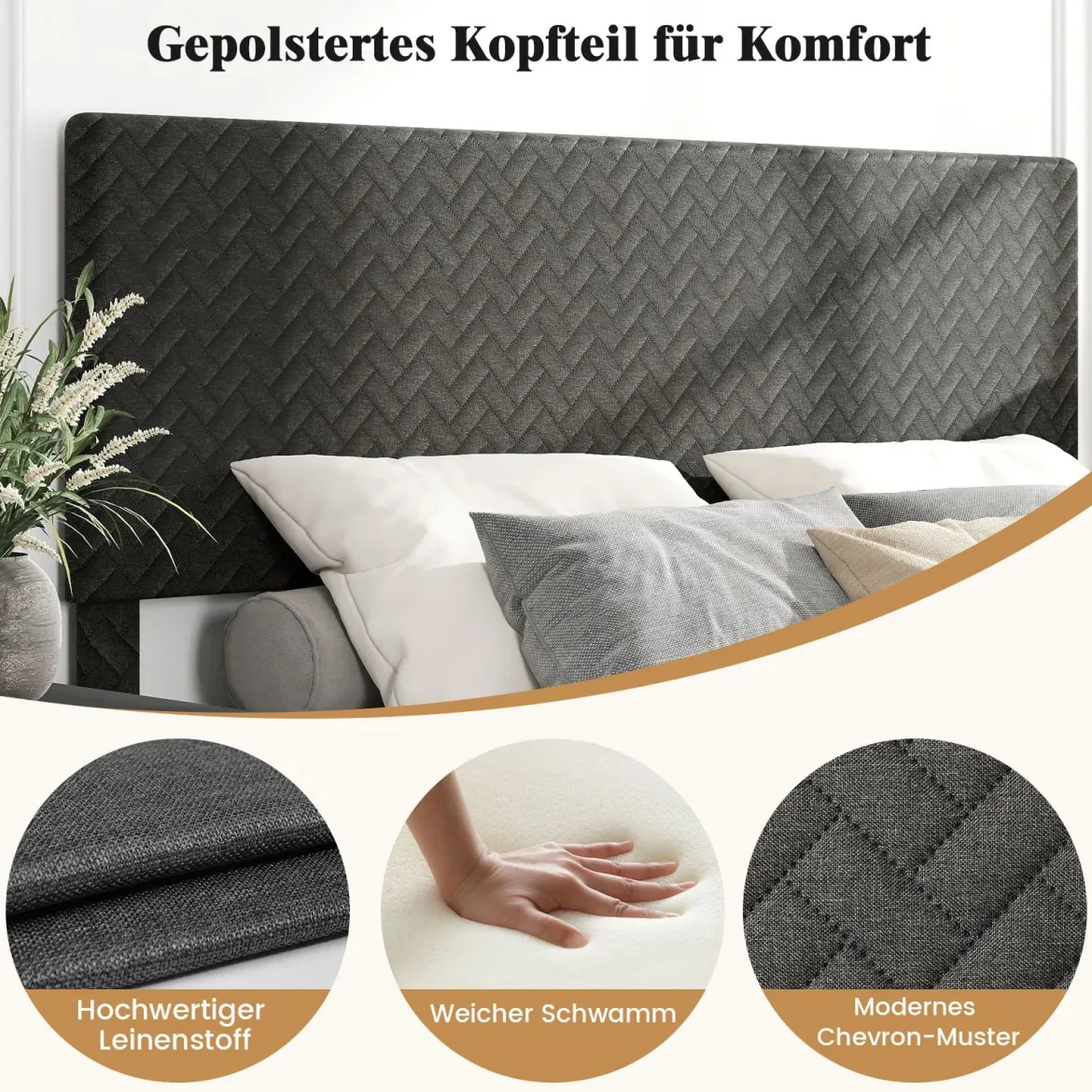 140 x 200 cm Samt-Bettgestell mit Höhenverstellbarem Chevron-Kopfteil Gepolsterte Bettrahmen Grau