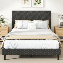 140 x 200 cm Samt-Bettgestell mit Höhenverstellbarem Chevron-Kopfteil Gepolsterte Bettrahmen Grau