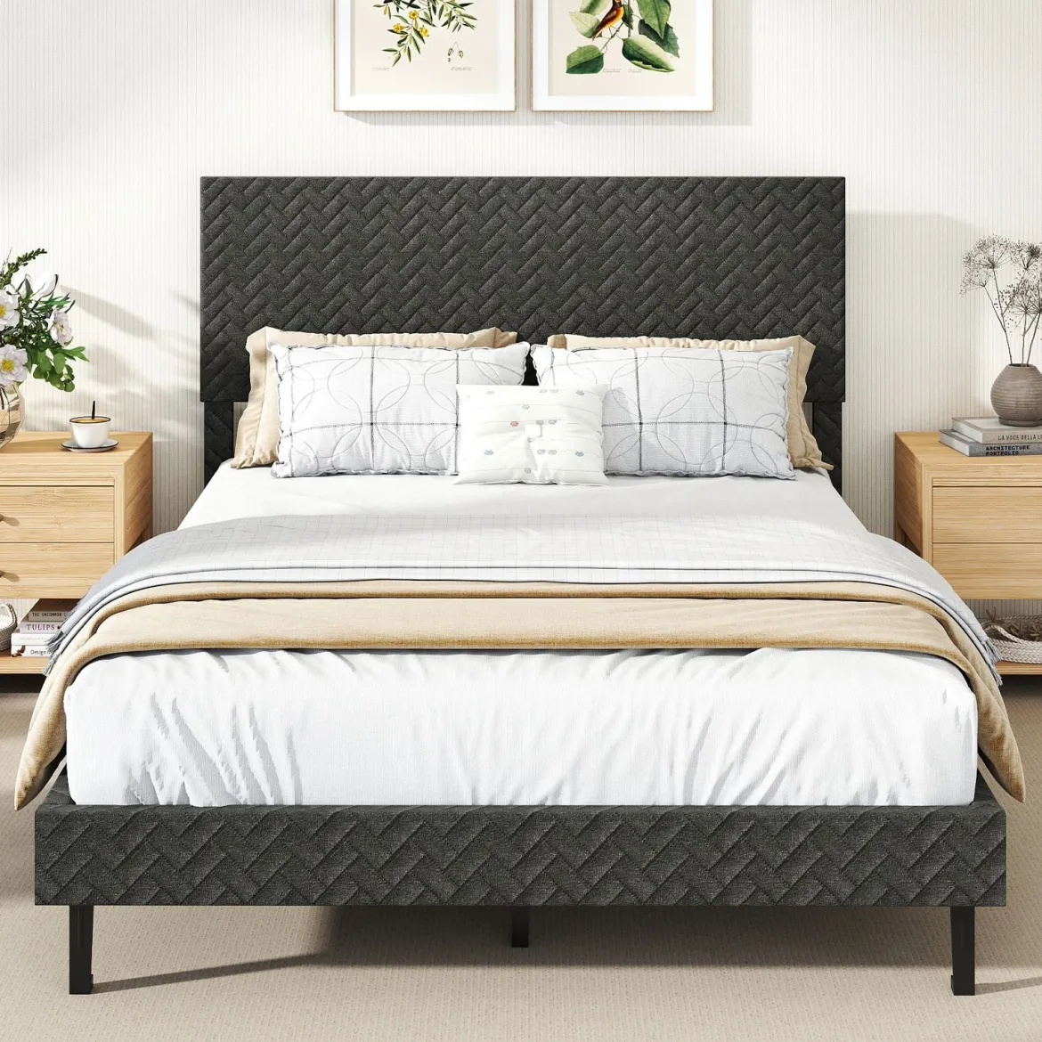 140 x 200 cm Samt-Bettgestell mit Höhenverstellbarem Chevron-Kopfteil Gepolsterte Bettrahmen Grau