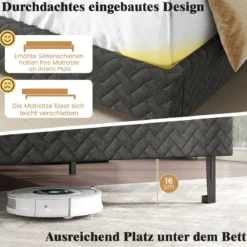 140 x 200 cm Samt-Bettgestell mit Höhenverstellbarem Chevron-Kopfteil Gepolsterte Bettrahmen Grau