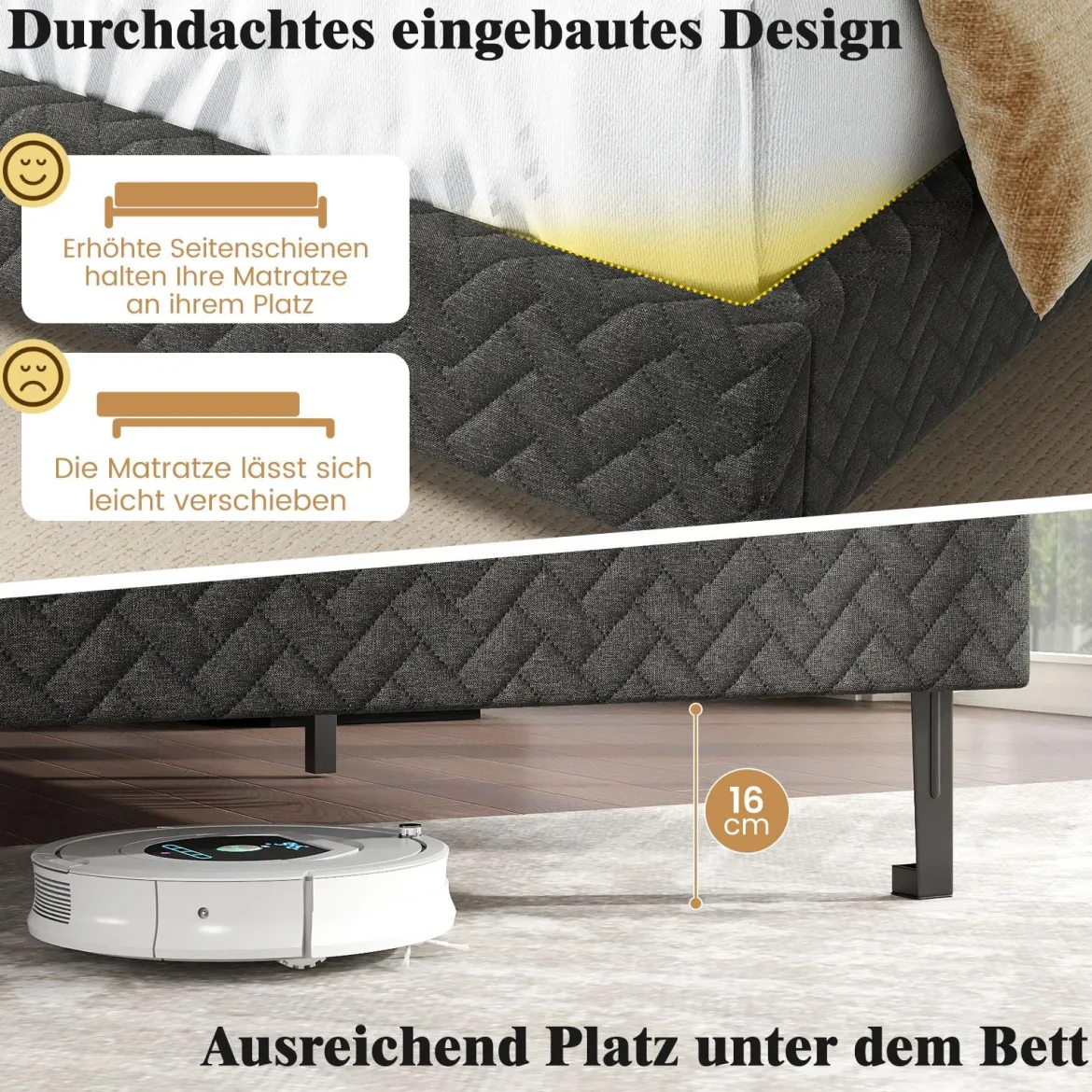 140 x 200 cm Samt-Bettgestell mit Höhenverstellbarem Chevron-Kopfteil Gepolsterte Bettrahmen Grau