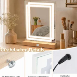 41 x 50 cm Schminkspiegel mit Einstellbare 3-Farben-Beleuchtung Touch-Bedienfeld & Holz Aufbewahrungsbox