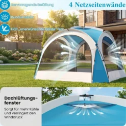 344 x 344 cm Strandzelt Gartenzelt für 6-8 Personen mit 4 Mesh-Seitenwände Dachlüftung Aufbewahrungstaschen