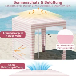 185 x 185 cm Strandzelt Höhenverstellbar Seitenwand Sandsäcke Tragetasche Strand Camping Rosa