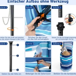 185 x 185 cm Strandzelt Höhenverstellbar Seitenwand Sandsäcke Tragetasche Strand Camping Blau