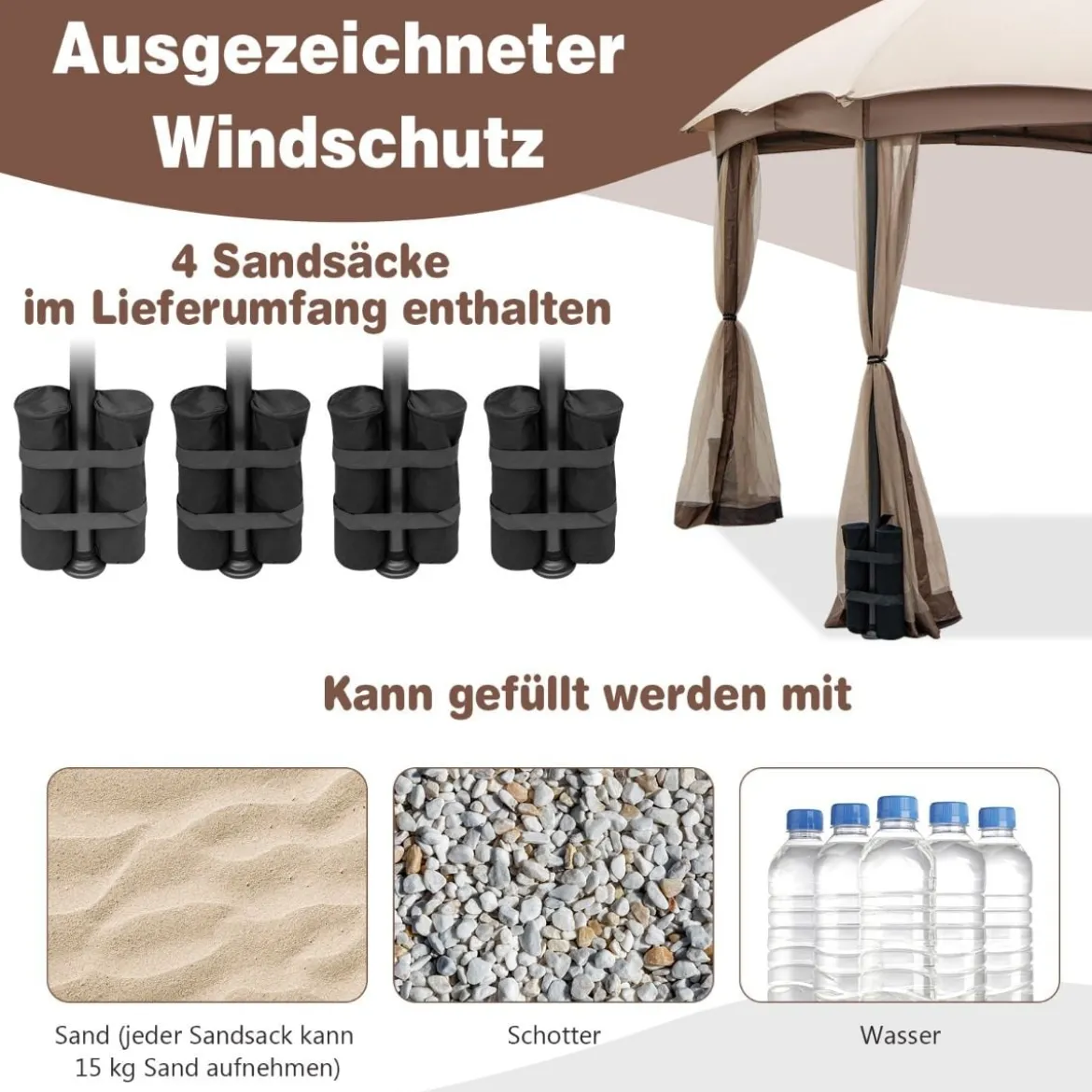 296 x 296 cm Terrassenpavillon mit Privatsphären-Netz Doppelschicht-Giebelzelt Khaki