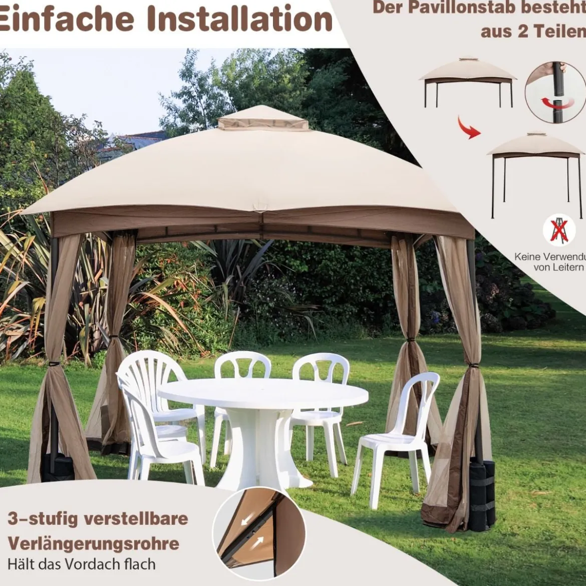 296 x 296 cm Terrassenpavillon mit Privatsphären-Netz Doppelschicht-Giebelzelt Khaki