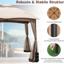 296 x 296 cm Terrassenpavillon mit Privatsphären-Netz Doppelschicht-Giebelzelt Khaki