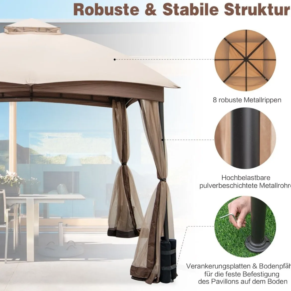 296 x 296 cm Terrassenpavillon mit Privatsphären-Netz Doppelschicht-Giebelzelt Khaki