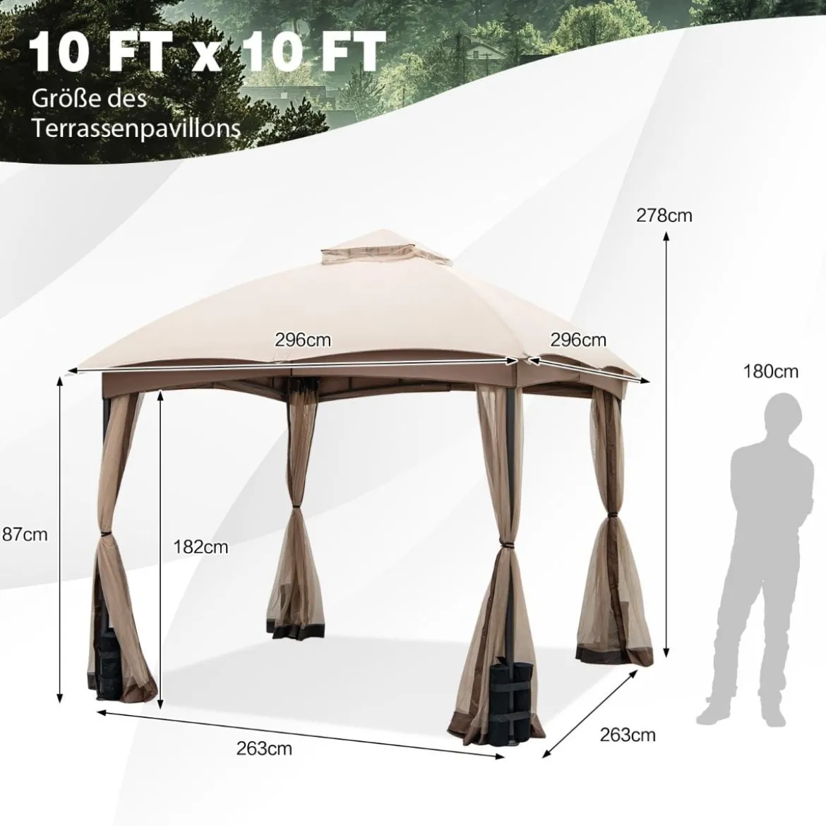 296 x 296 cm Terrassenpavillon mit Privatsphären-Netz Doppelschicht-Giebelzelt Khaki