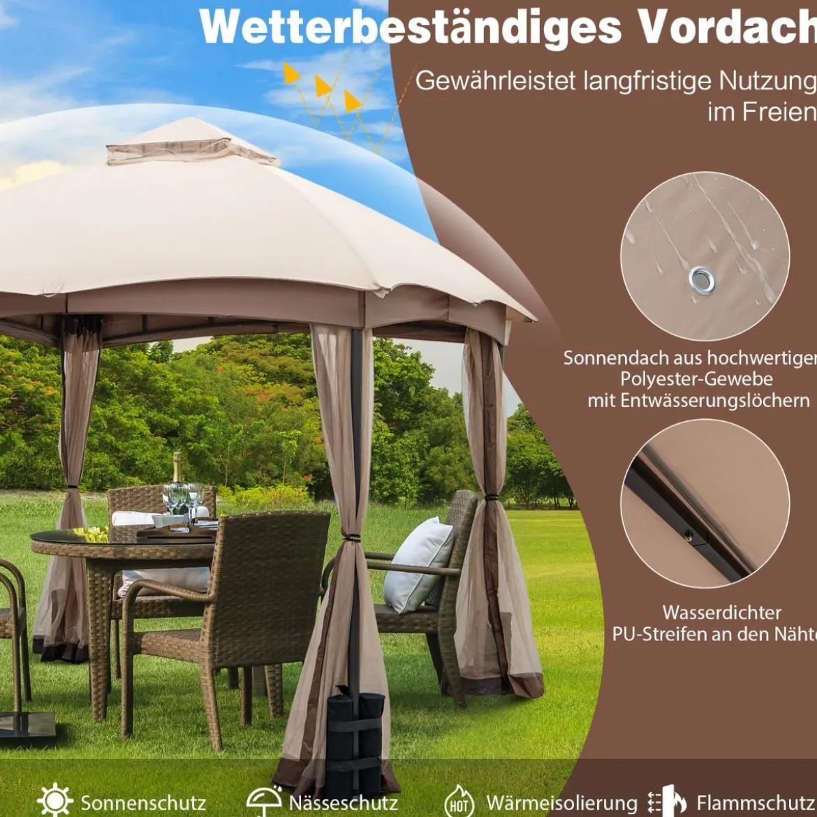 296 x 296 cm Terrassenpavillon mit Privatsphären-Netz Doppelschicht-Giebelzelt Khaki