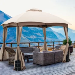 296 x 296 cm Terrassenpavillon mit Privatsphären-Netz Doppelschicht-Giebelzelt Khaki