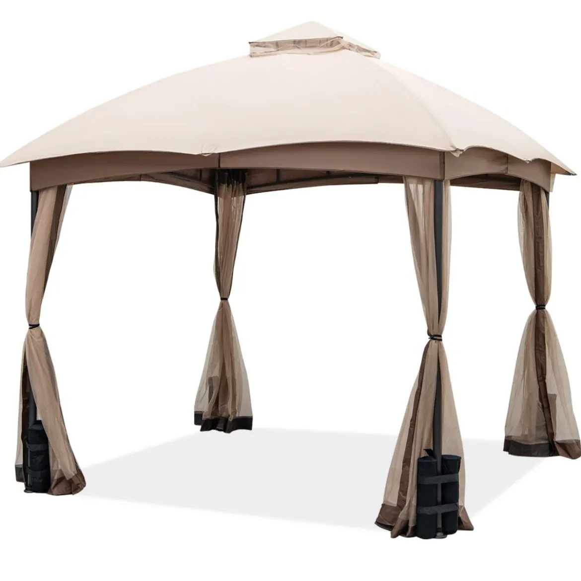 296 x 296 cm Terrassenpavillon mit Privatsphären-Netz Doppelschicht-Giebelzelt Khaki