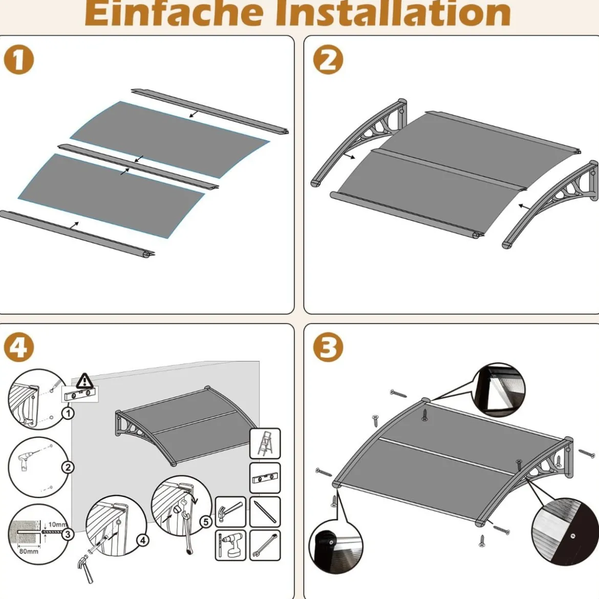 122 x 99 cm Vordach für Haustür Überdachung Haustürvordach Pultvordach