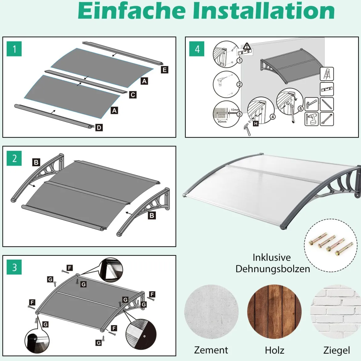 122 x 99 cm Vordach für Haustür Überdachung Haustürvordach Pultvordach