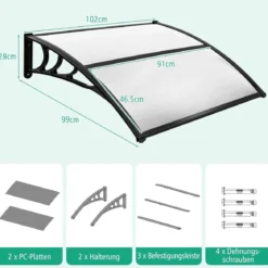 102 x 99 cm Vordach für Haustür Überdachung aus Aluminium und Polycarbonat Transparent