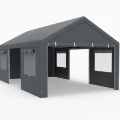600 x 363 cm Zeltgarage Carport Garagenzelt Winterfest Lagerzelt mit abnehmbaren Seitenwänden Dunkelgrau