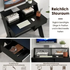 X-förmiger Computertisch mit Schublade & Monitorerhöhung Schreibtisch Schwarz