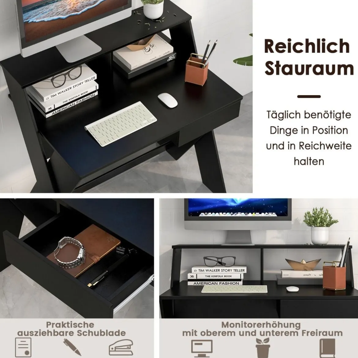 X-förmiger Computertisch mit Schublade & Monitorerhöhung Schreibtisch Schwarz