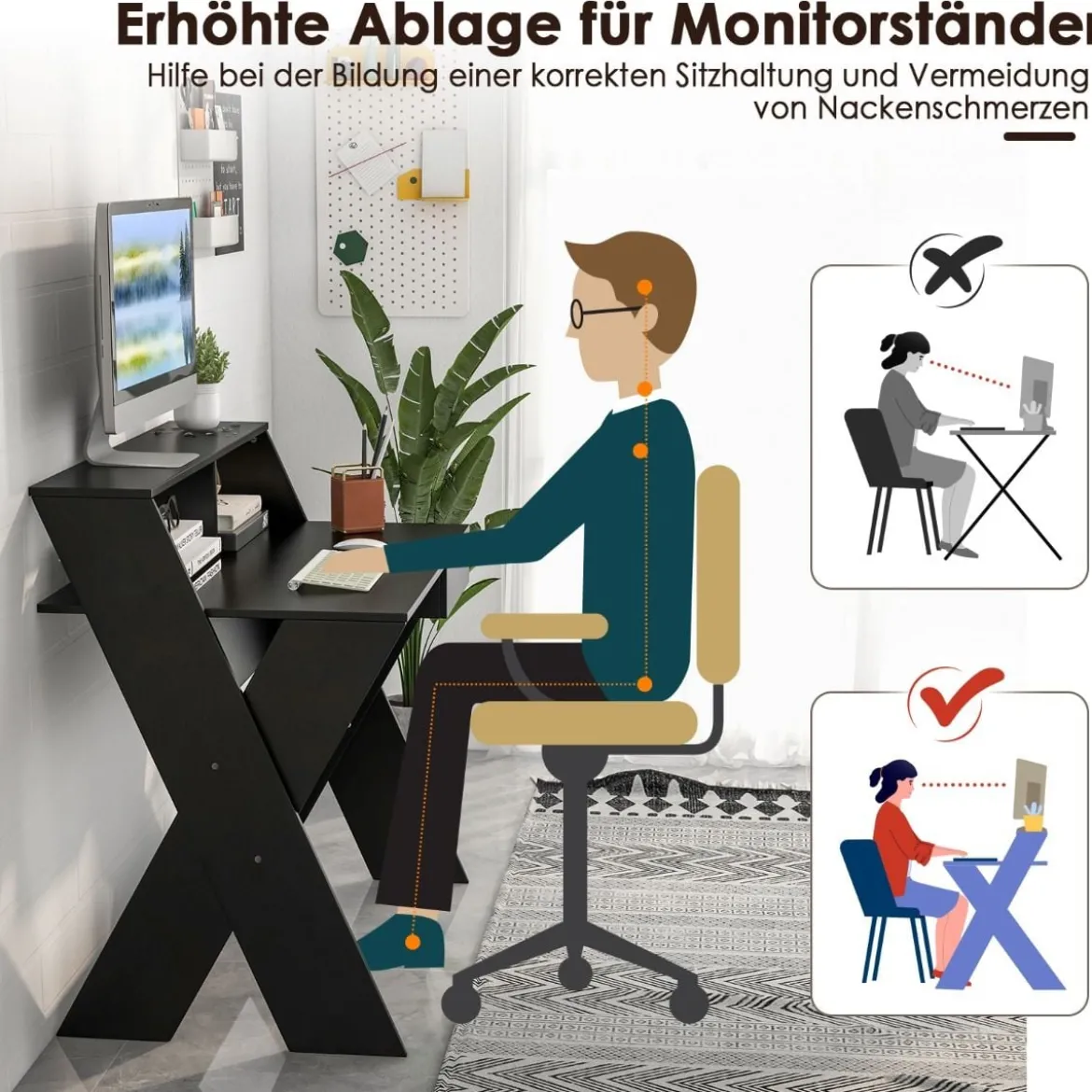 X-förmiger Computertisch mit Schublade & Monitorerhöhung Schreibtisch Schwarz
