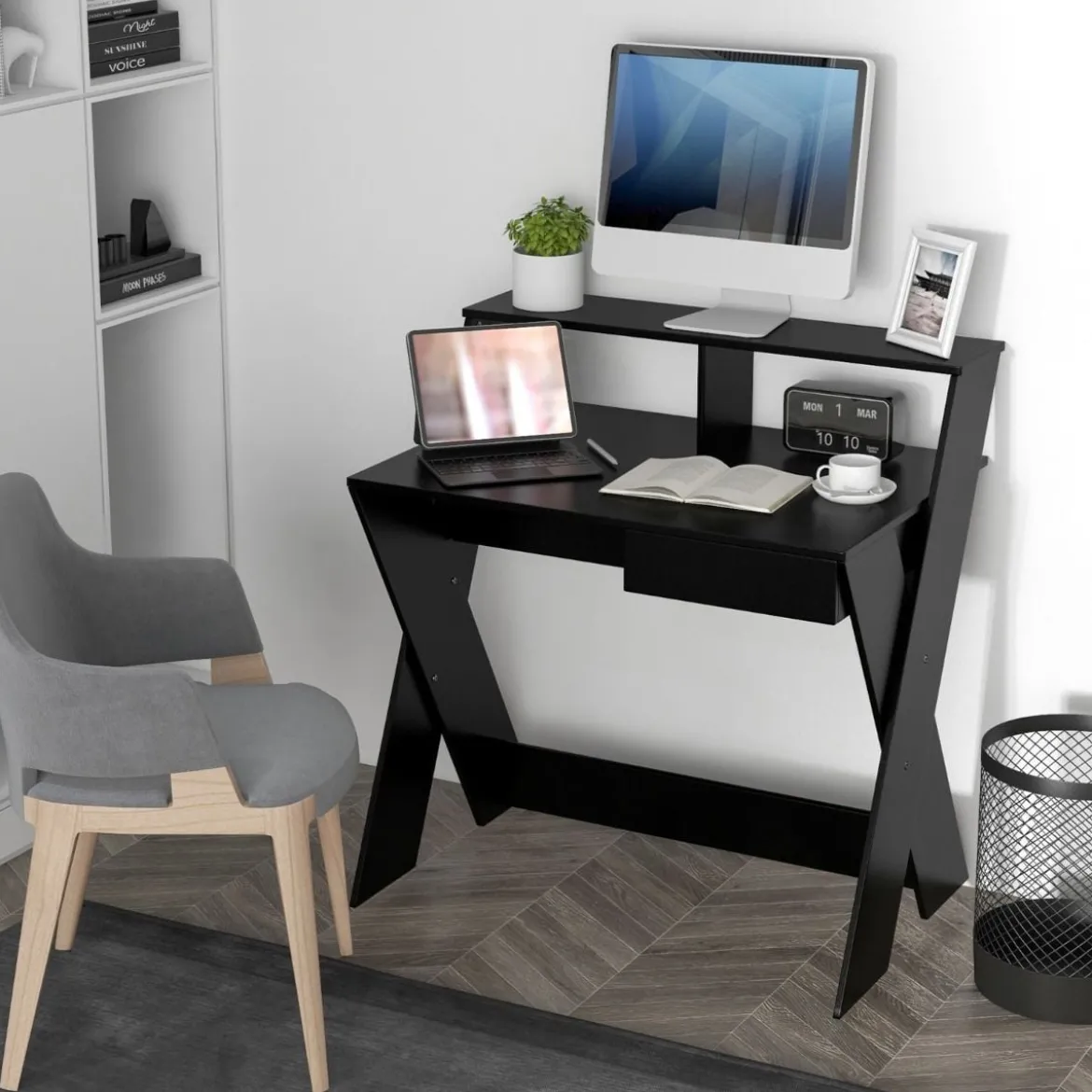 X-förmiger Computertisch mit Schublade & Monitorerhöhung Schreibtisch Schwarz