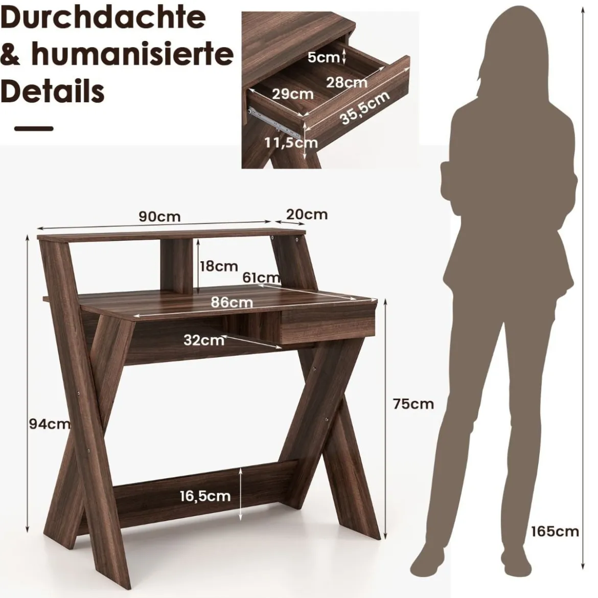 X-förmiger Computertisch mit Schublade & Monitorerhöhung Schreibtisch Walnuss