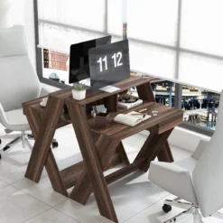 X-förmiger Computertisch mit Schublade & Monitorerhöhung Schreibtisch Walnuss