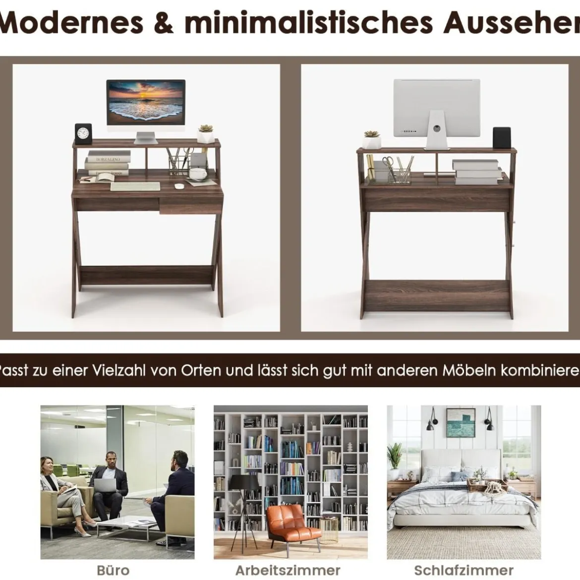 X-förmiger Computertisch mit Schublade & Monitorerhöhung Schreibtisch Walnuss