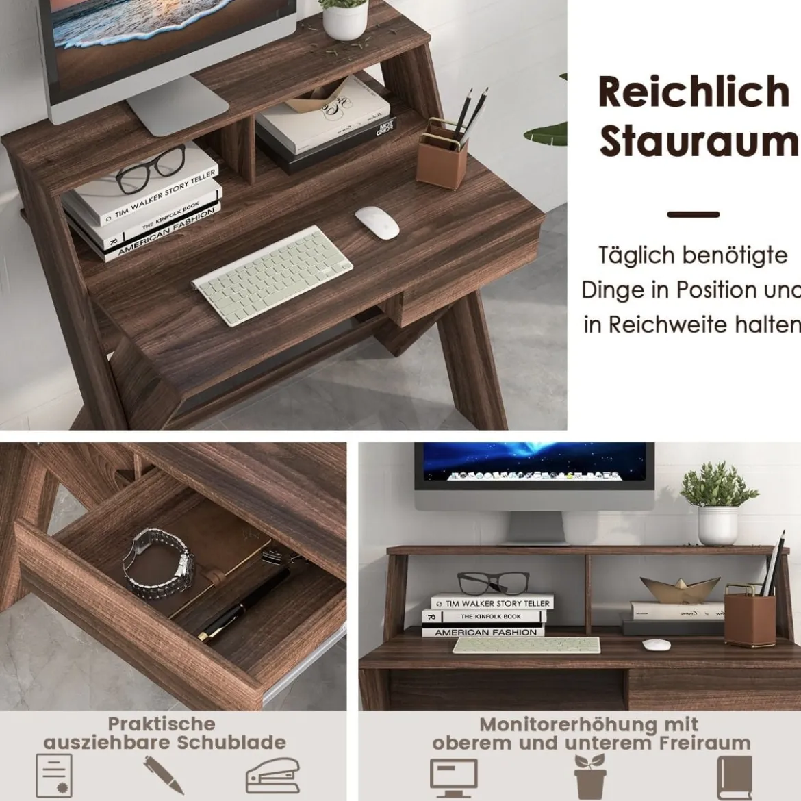 X-förmiger Computertisch mit Schublade & Monitorerhöhung Schreibtisch Walnuss