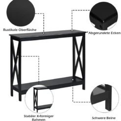 X-förmiger Schmaler Konsolentisch mit 2 Etagen 100 x 30 x 80 cm Scwarz
