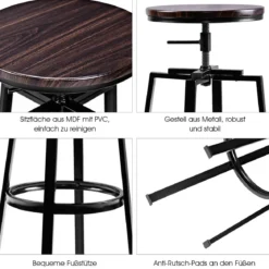 2 x Hocker Rund Tresenhocker Metall-Barstuhl Barhocker Holzhocker höhenverstellbar