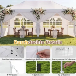 3x6 m Faltpavillon mit 4 Seitenwänden Höhenverstellbarer Gartenpavillon Pop-Up Pavillon Beige/Weiß