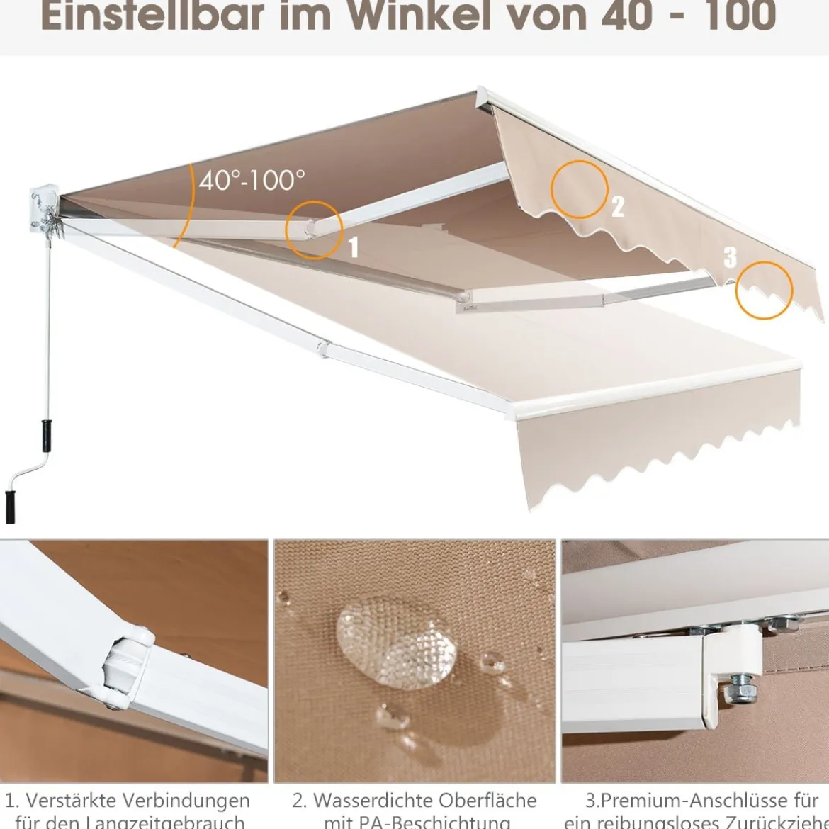 3 x 2,5 m Gelenkarmmarkise Sonnenmarkise Balkonmarkise Terrassenmarkise Klemmmarkise mit UV- und wasserbeständigem Material