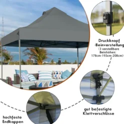 3 x 3 m Pavillon Faltpavillon wasserdicht stabil Winterfest Partyzelt mit Tragetasche auf Rollen Grau