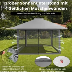 4 x 4 m Pavillon Gartenpavillon mit Netzseitenwänden UV-Schutz 50+ Grau