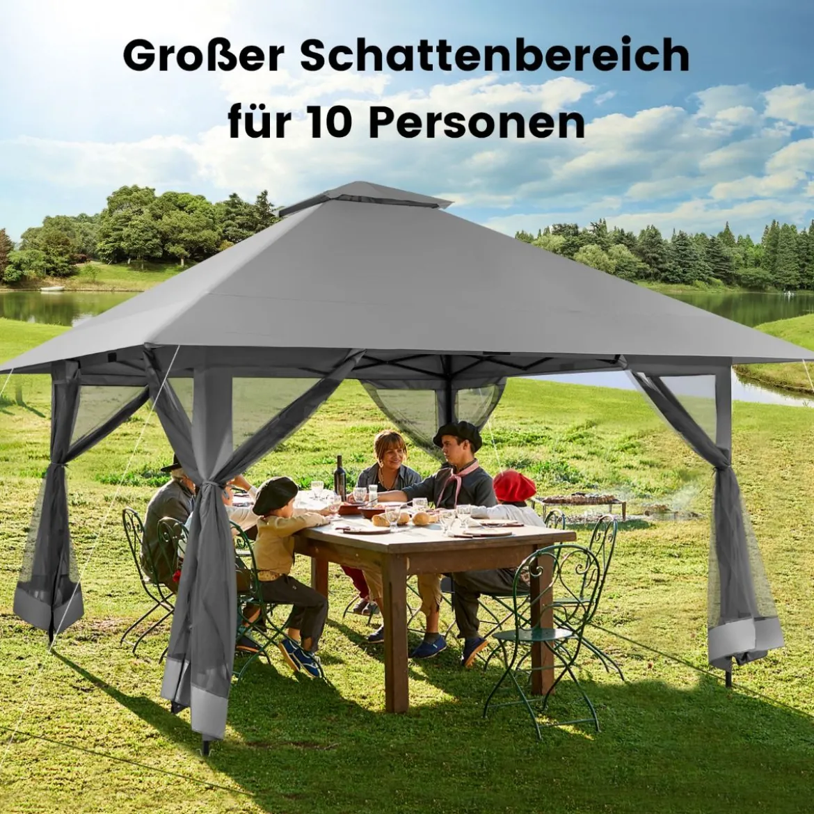 4 x 4 m Pavillon Gartenpavillon mit Netzseitenwänden UV-Schutz 50+ Grau