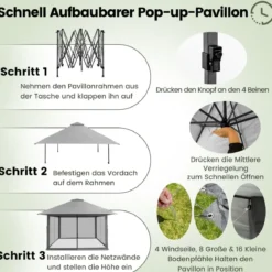 4 x 4 m Pavillon Gartenpavillon mit Netzseitenwänden UV-Schutz 50+ Grau