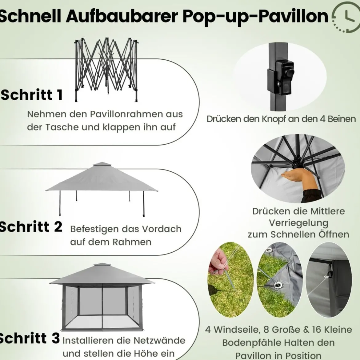 4 x 4 m Pavillon Gartenpavillon mit Netzseitenwänden UV-Schutz 50+ Grau
