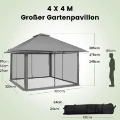 4 x 4 m Pavillon Gartenpavillon mit Netzseitenwänden UV-Schutz 50+ Grau
