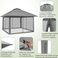 4 x 4 m Pavillon Gartenpavillon mit Netzseitenwänden UV-Schutz 50+ Grau