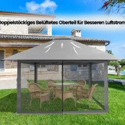 4 x 4 m Pavillon Gartenpavillon mit Netzseitenwänden UV-Schutz 50+ Grau